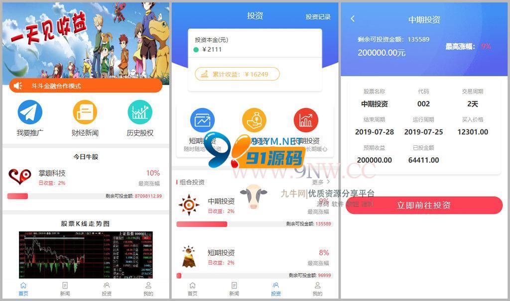 金融投资理财股票系统源码/支持会员等级/可设置推广奖/分红返利/领导奖比例+安装文档